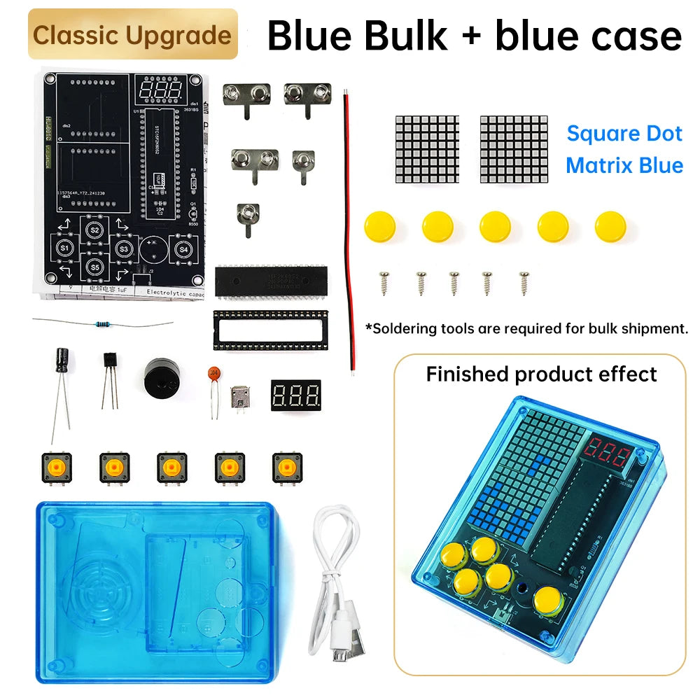 Electronic components and parts for a blue bulk product with a blue case, including square dot matrix and digital display.