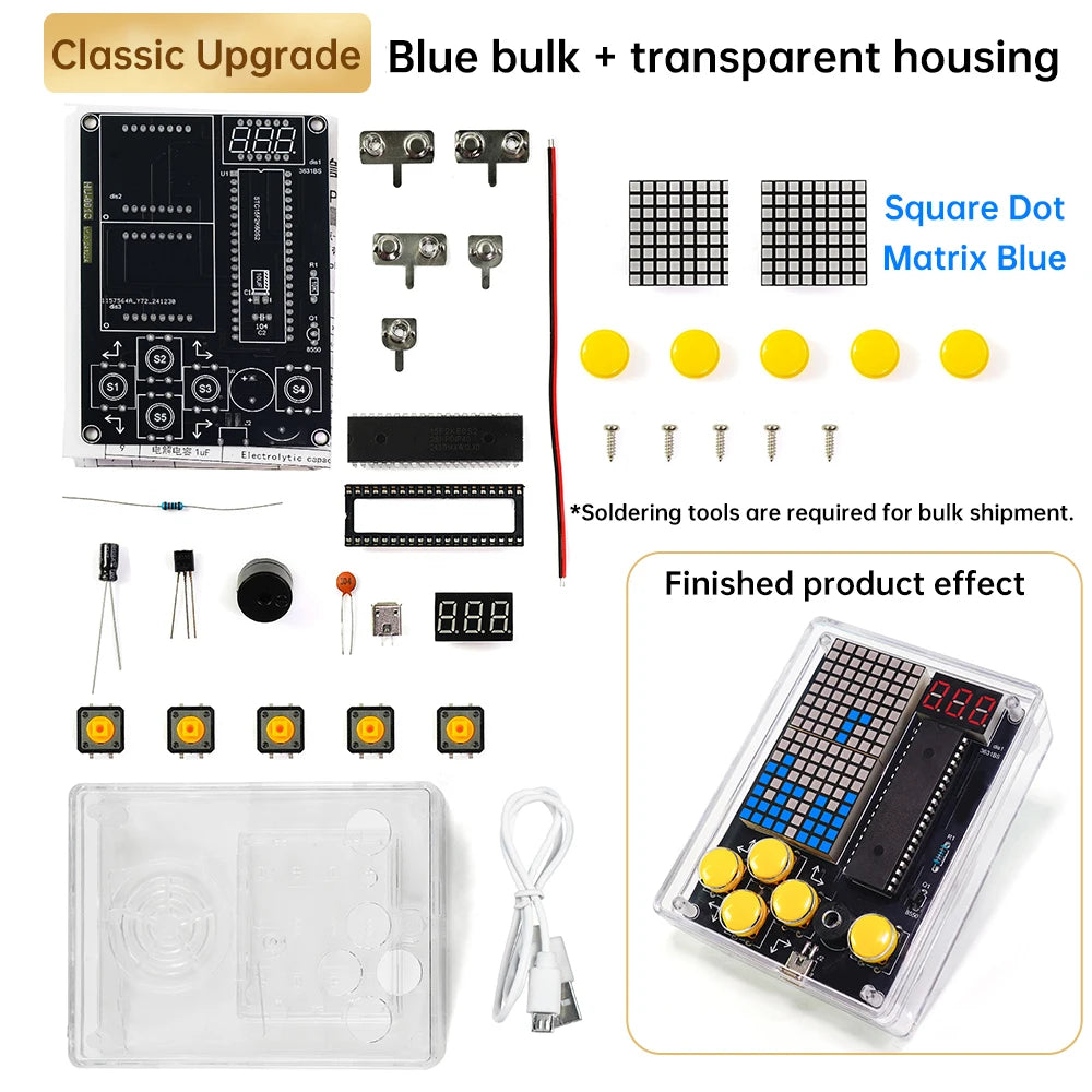 Electronic components kit with blue bulk and transparent housing upgrade, including square dot matrix and LEDs.