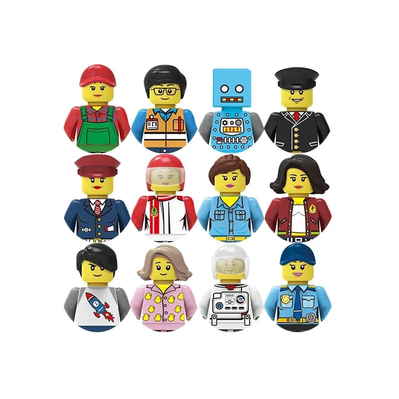 Set of colorful minifigure heads on a white background
