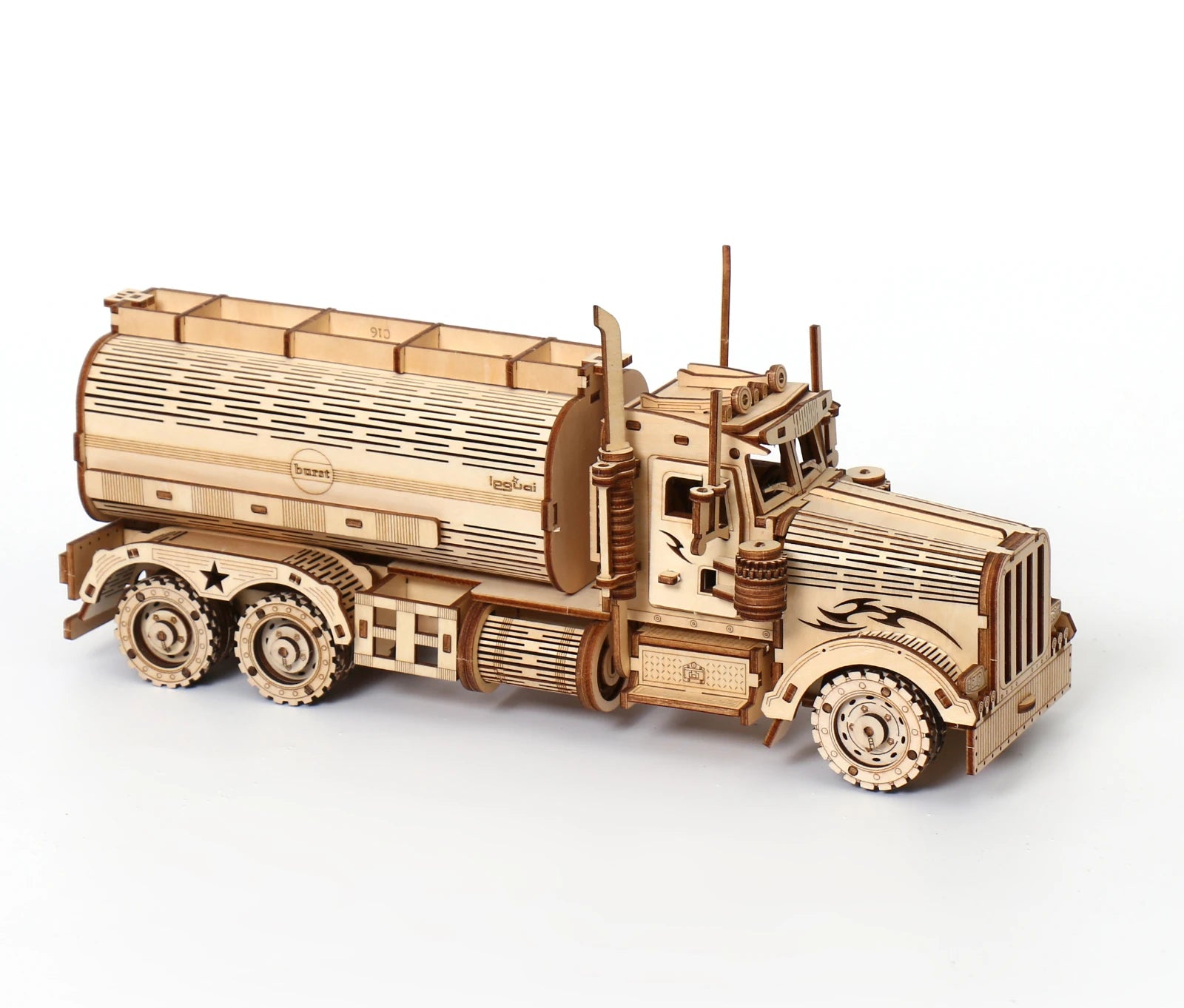 Wooden model of a truck on a white background