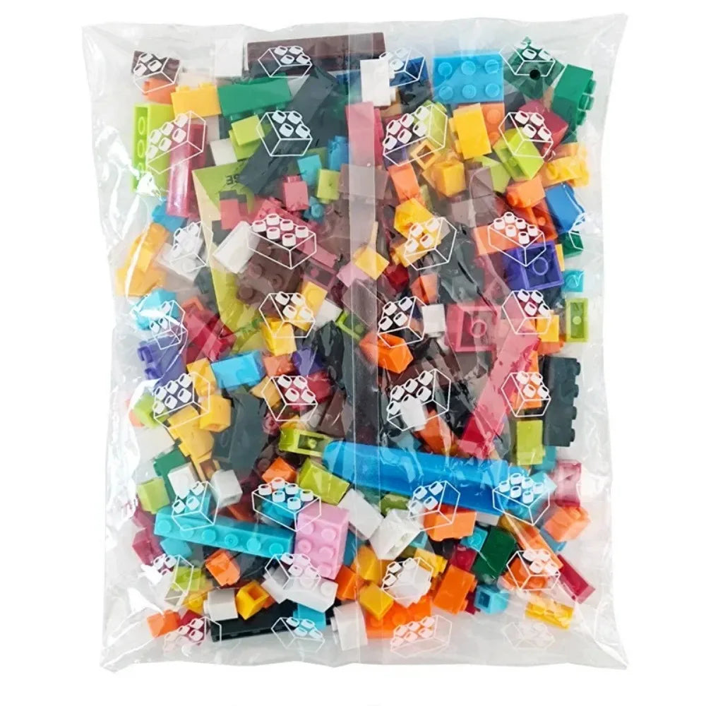 Bag of colorful building blocks with a white background