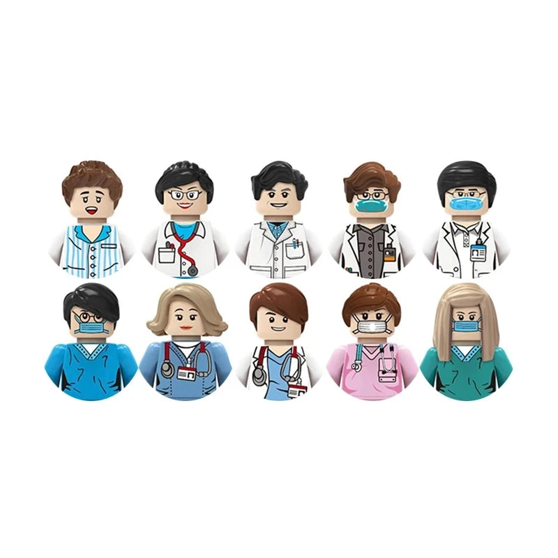 Set of toy figures in various medical outfits on a white background