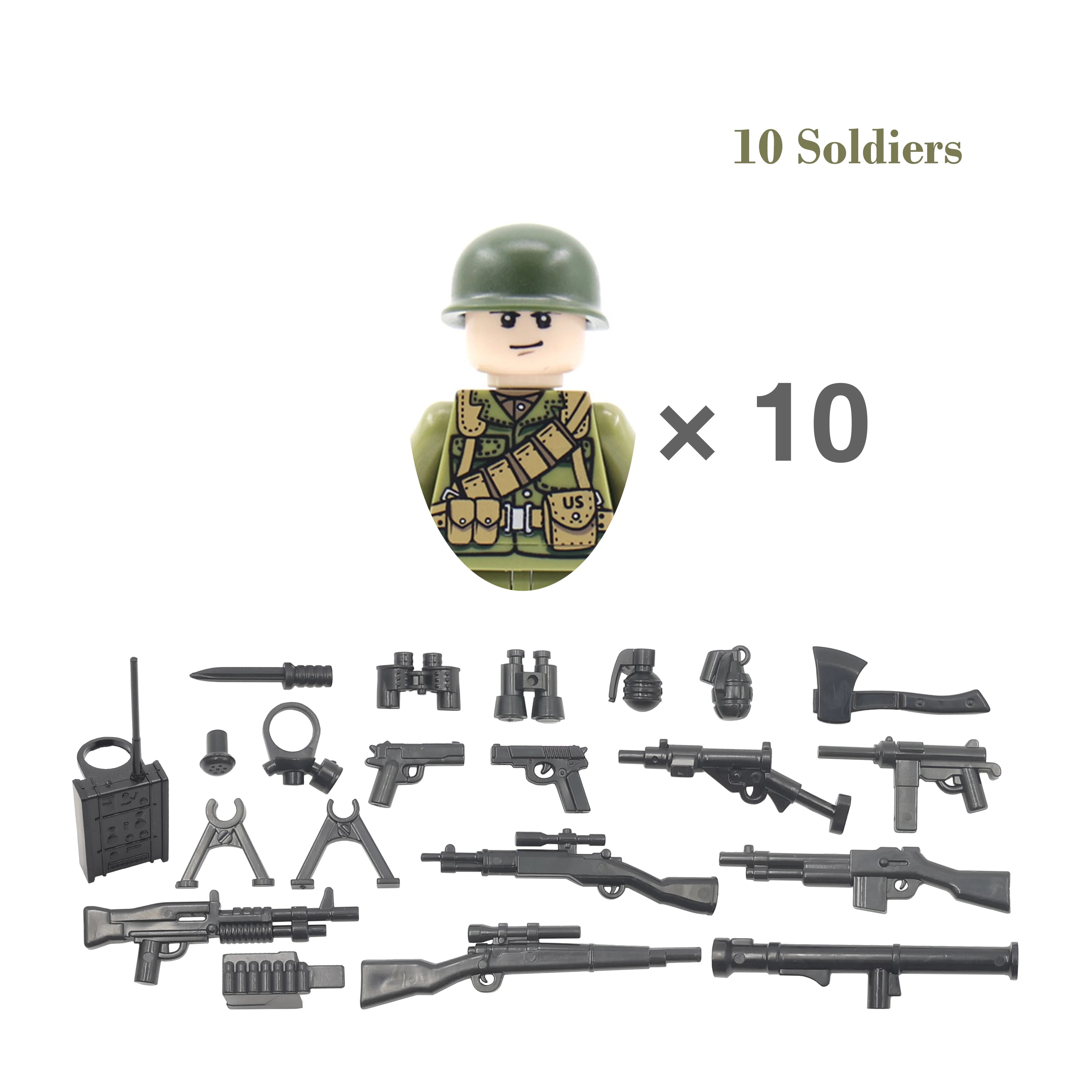 Set of toy soldiers and accessories with a white background