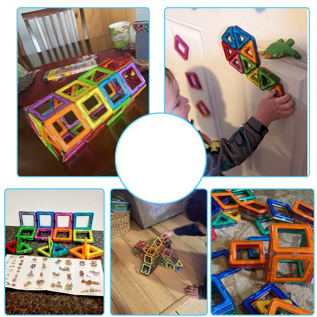 Collage of colorful magnetic building toys being used by children in various settings.