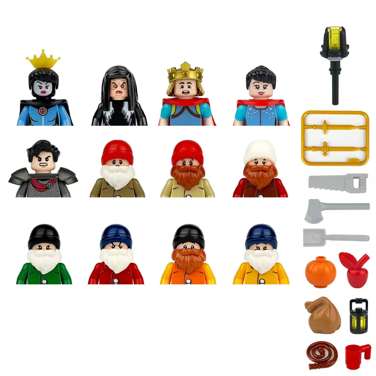 Collection of toy figures and accessories on a white background