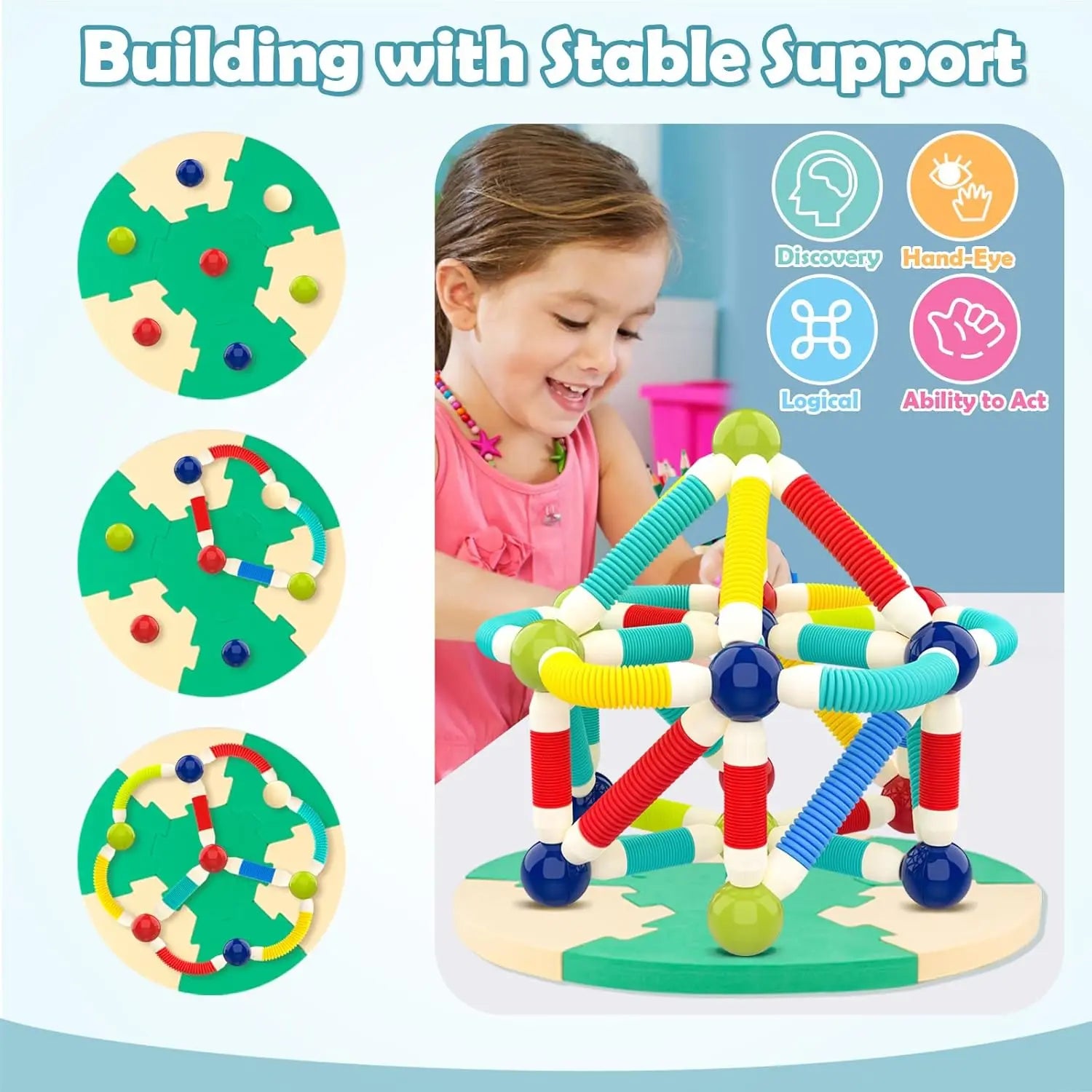Colorful building toy set with a child playing and educational icons on a blue background