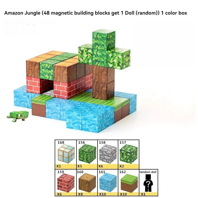 Colorful magnetic building blocks with a random doll offer, on a white background.
