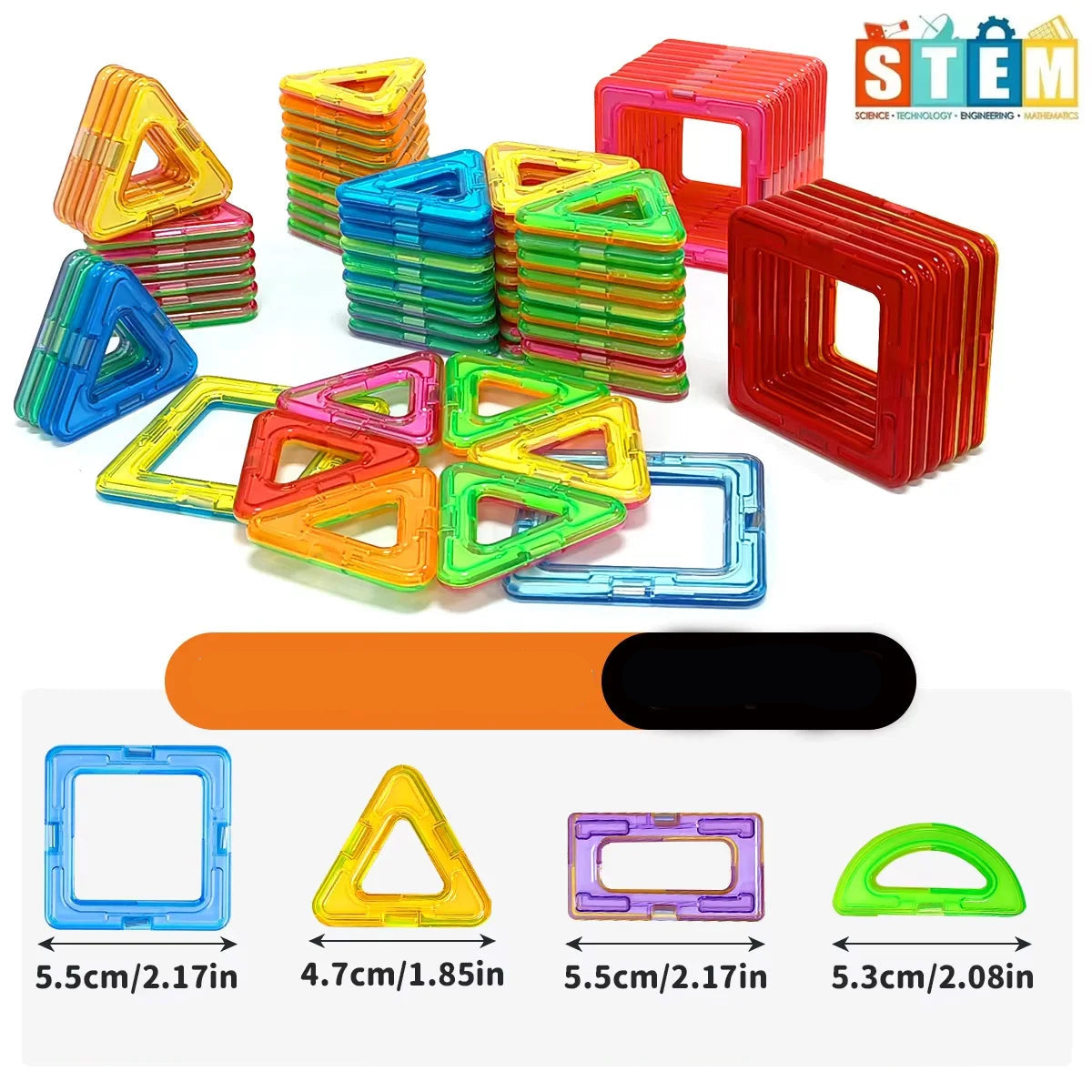 Colorful magnetic building blocks with sizes and measurements on a white background