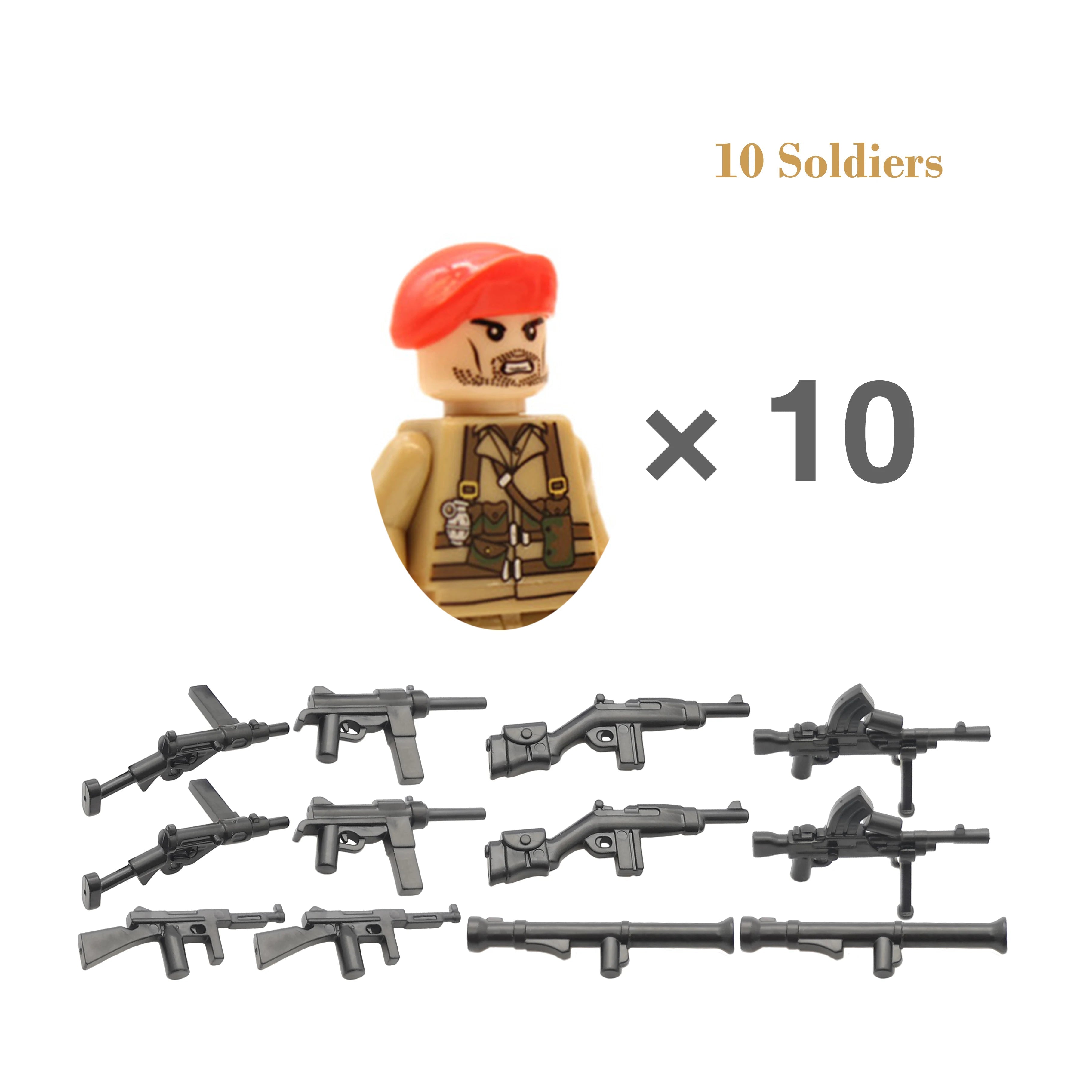 Set of toy soldiers with weapons and a soldier figure on a white background