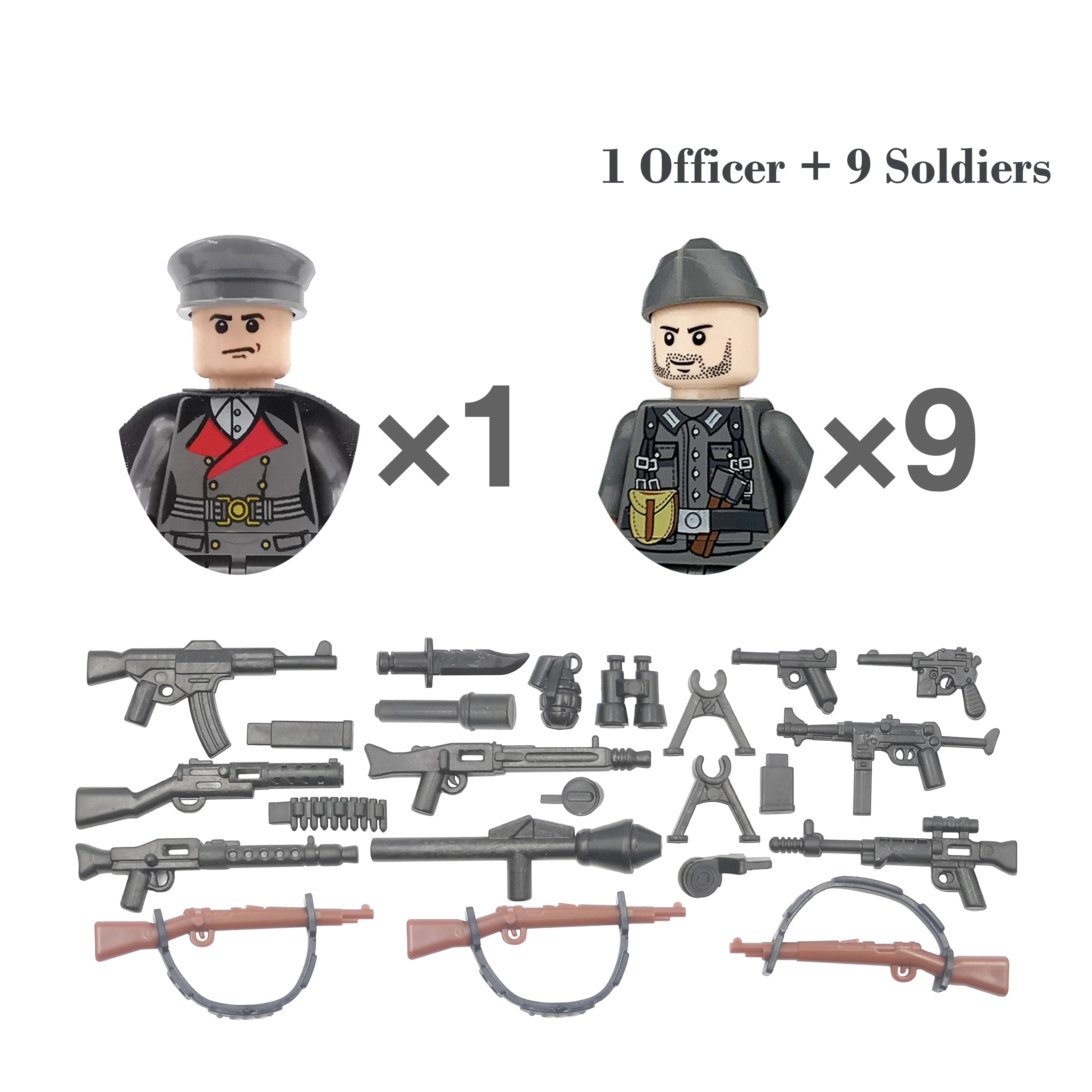 Toy figure set with one officer and nine soldiers, including weapons, on a white background.