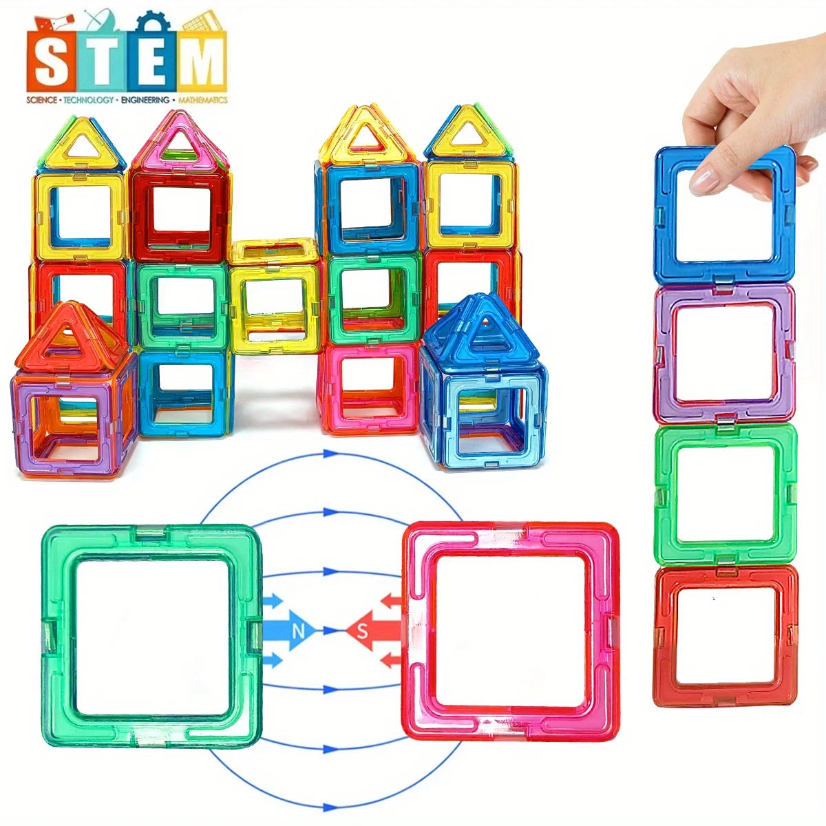 Colorful magnetic building blocks with a hand constructing a tower, featuring the STEM logo.