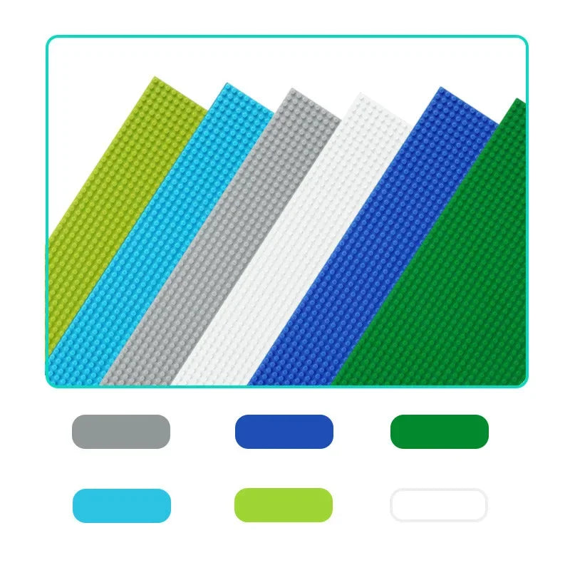 Five rectangular building block bases in green, blue, gray, white, and blue with color swatches below.