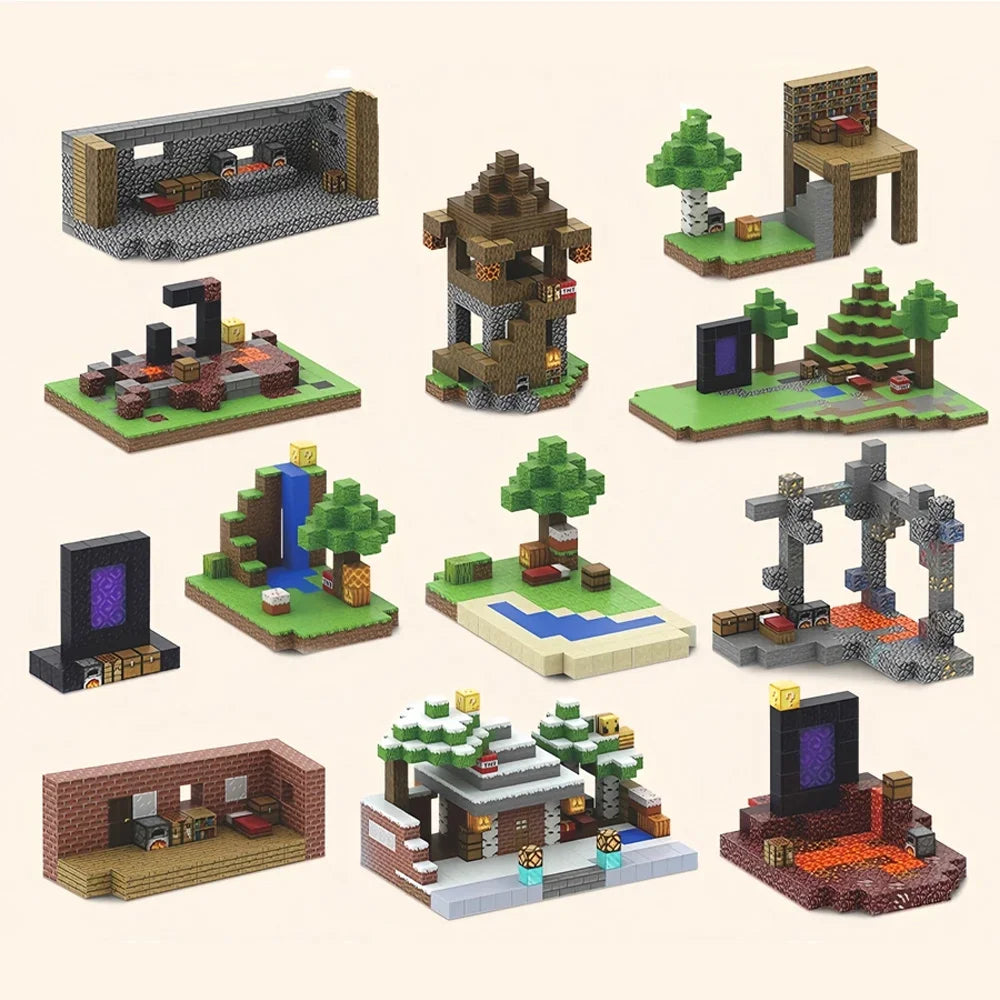 Collection of miniature building sets on a beige background