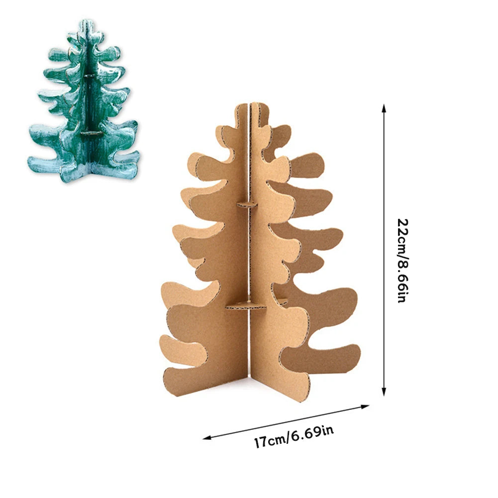 Cardboard tree stand with measurements and a small green Christmas tree model on a white background