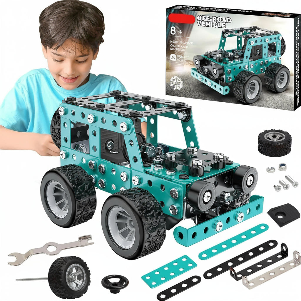 Child playing with a teal off-road vehicle building set, including tools and parts