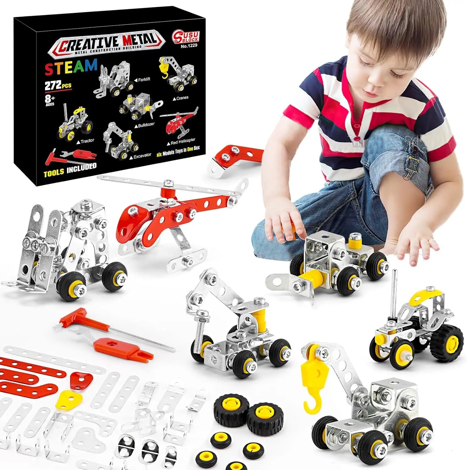 Child playing with metal construction toys from Creative Metal, with packaging in the background.