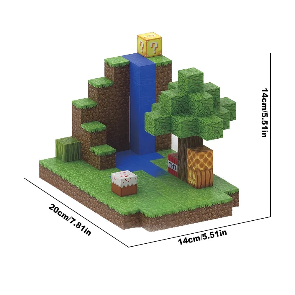 Model of a pixelated landscape with trees, water, and blocks, showing dimensions on a white background.