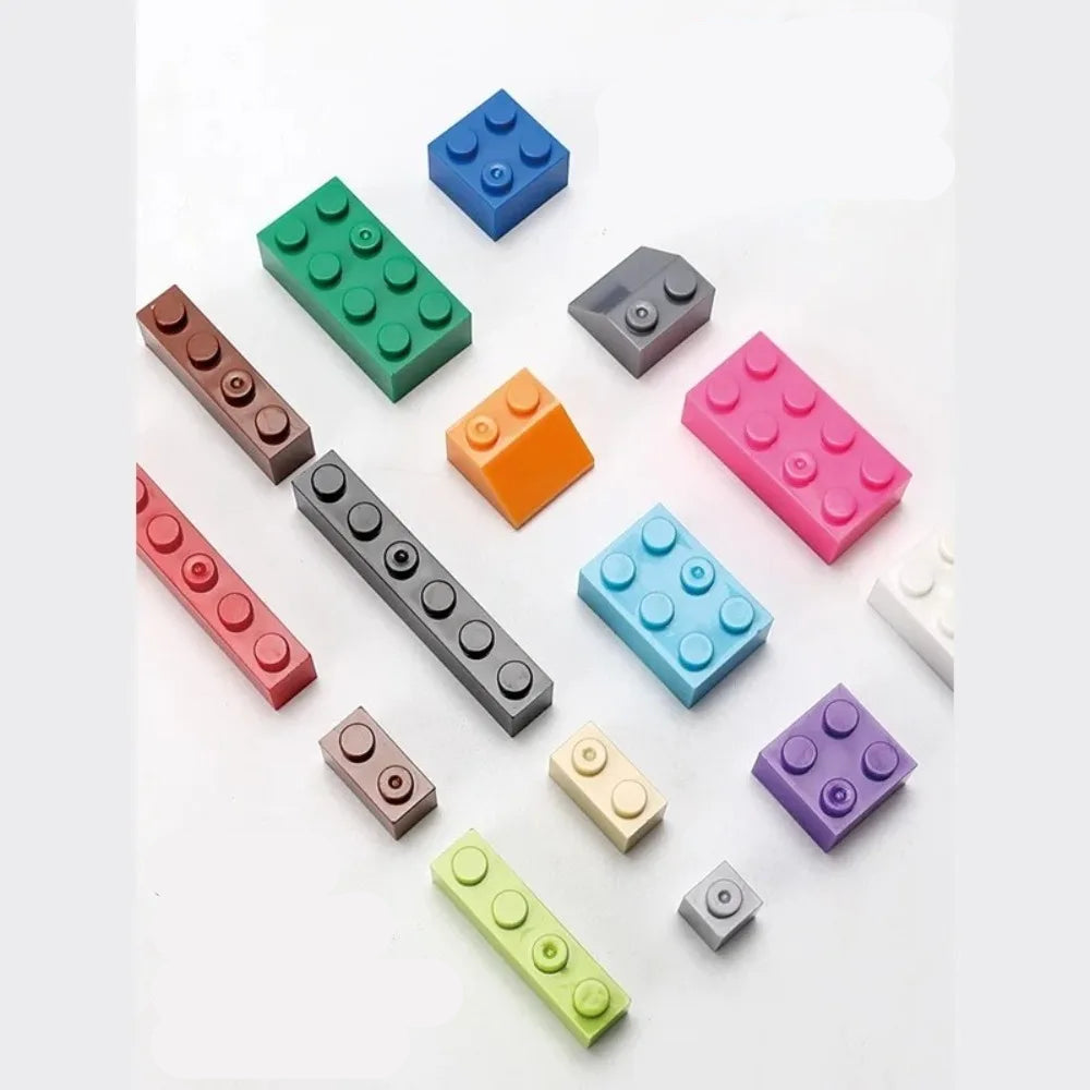 Colorful building blocks on a white background with text about shape and color education.