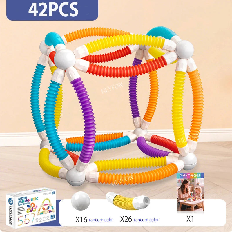 Colorful toy set with packaging on a beige background