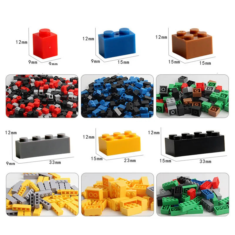 Collection of different colored building blocks with measurements on a white background