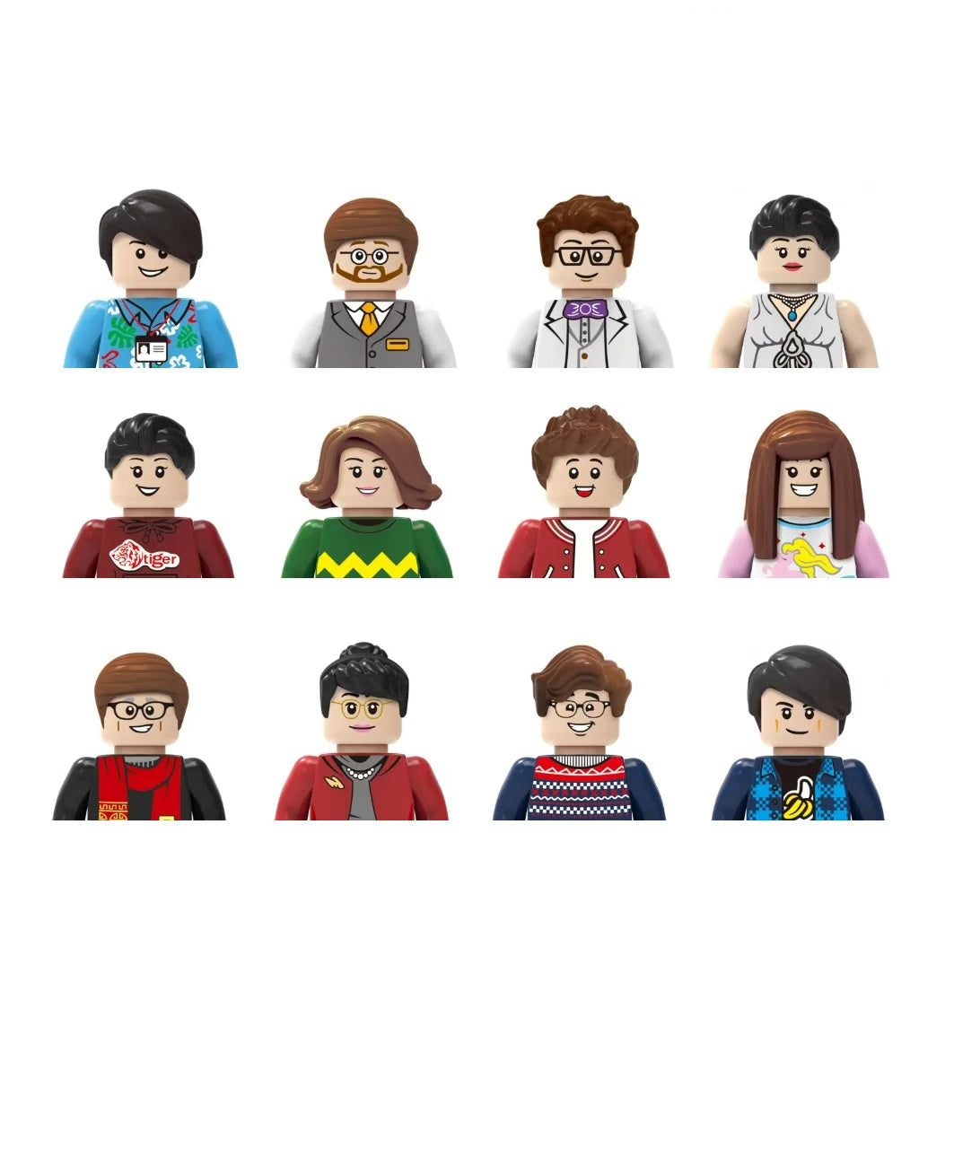 Set of 12 customizable character figures with various outfits on a white background.