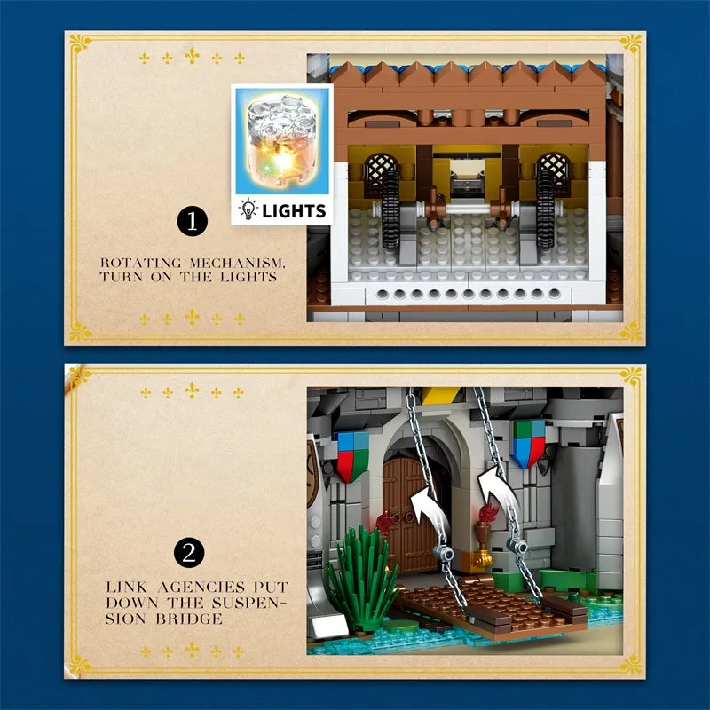 Two LEGO model packaging images with text and illustrations on a blue background