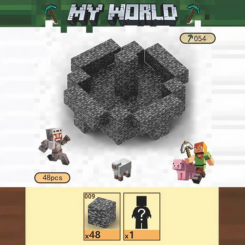 Toy blocks resembling stone with characters from 'My World' on a white background