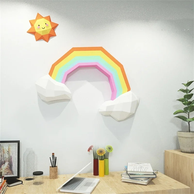 Decorative rainbow wall art above a desk with office supplies.
