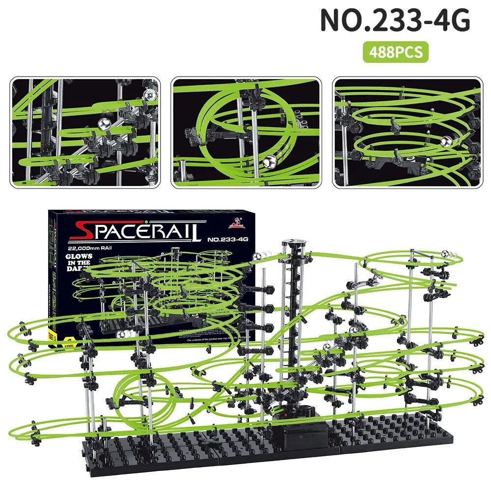 SpaceRail toy set with green tracks and black base, packaging shown above.