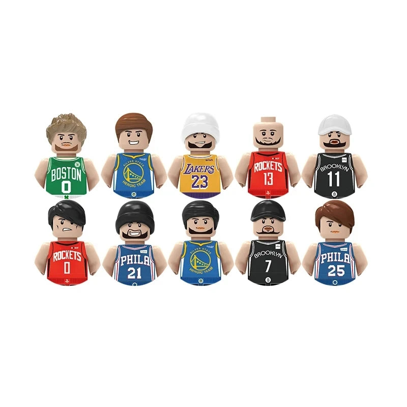 Set of mini basketball player figures with various team jerseys on a white background