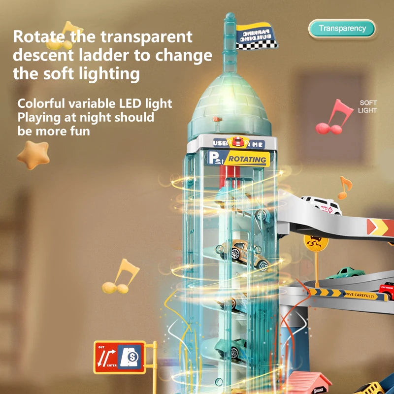 Toy parking garage with cars and transparent descent ladder on a beige background