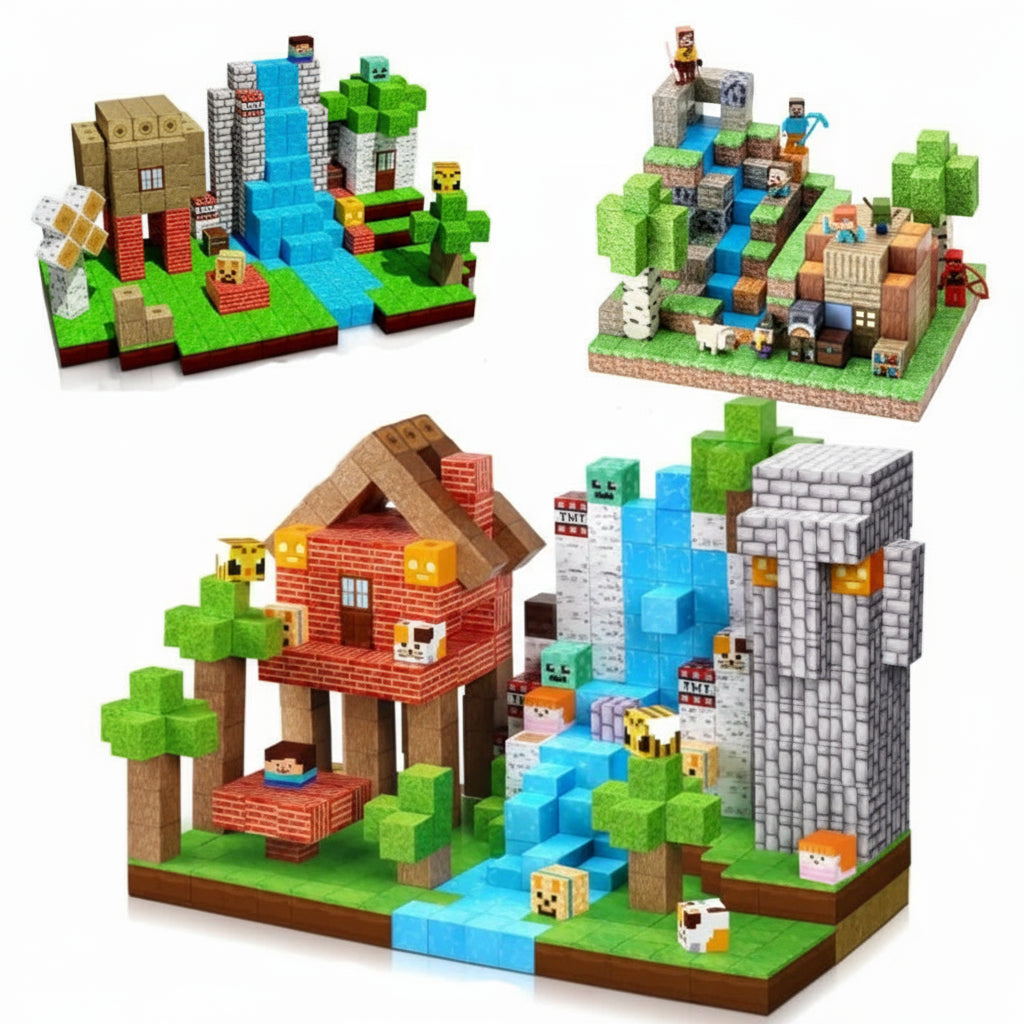Toy building blocks set with various structures including a house, tower, and landscape elements.