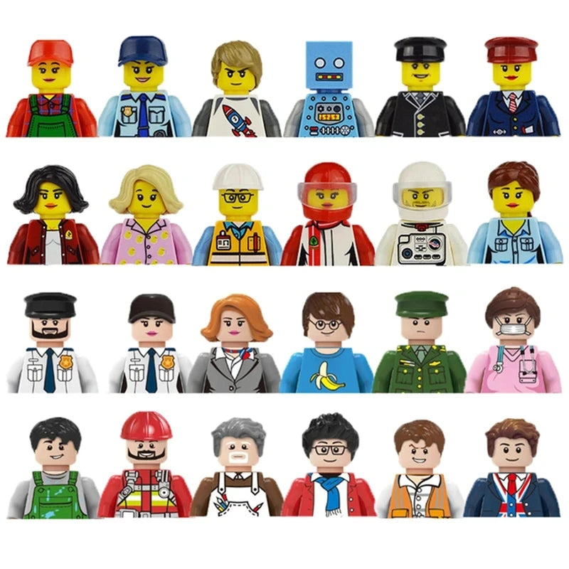 Collection of various minifigures with different outfits and accessories on a white background.