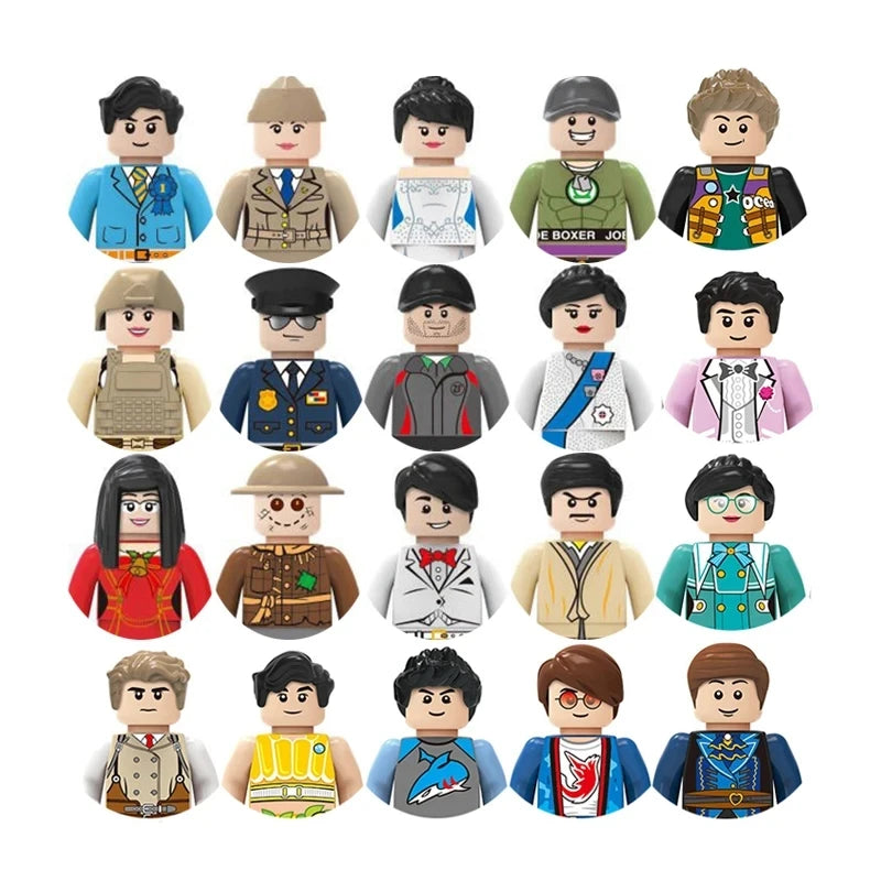 Collection of variously dressed toy figures on a white background