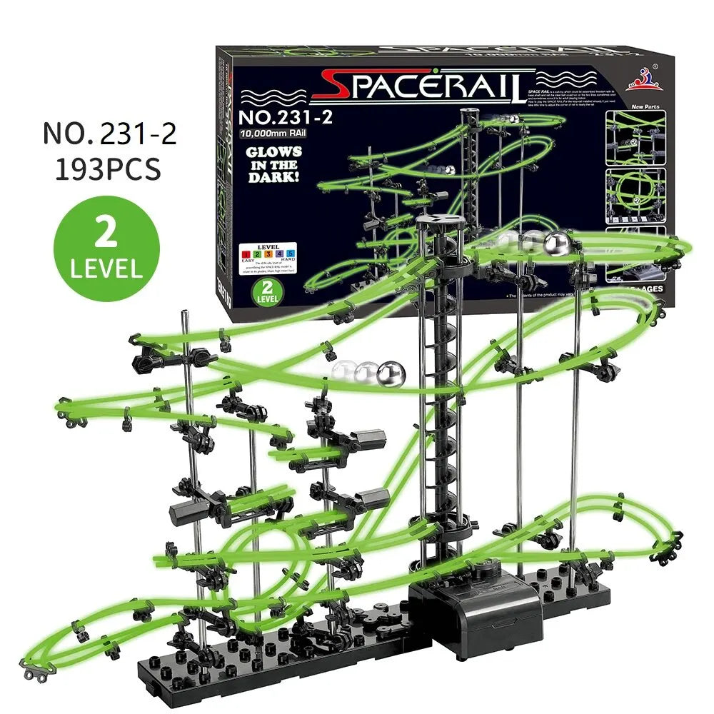 SpaceRail toy set with glowing tracks and packaging on a white background
