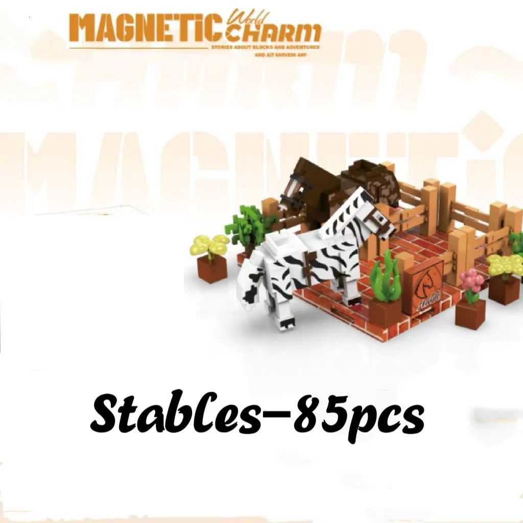 Magnetic toy set with a cow and stable, branded 'Magnetic Charm', on a light background.