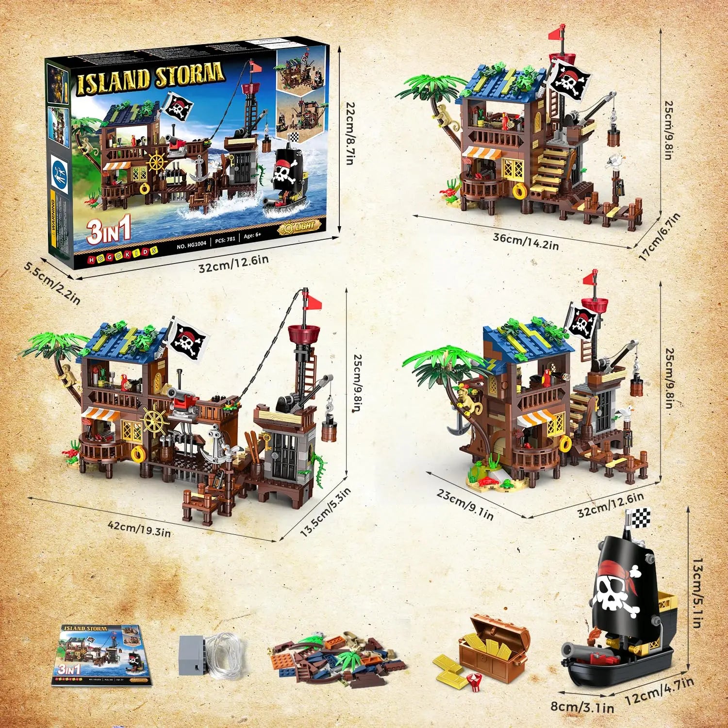 Pirate-themed building set with packaging, pieces, and measurements on a beige background