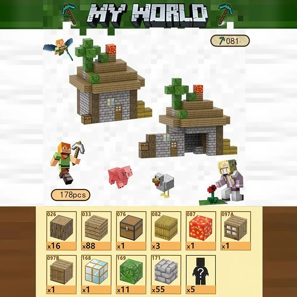My World building set with characters and structures on a white background
