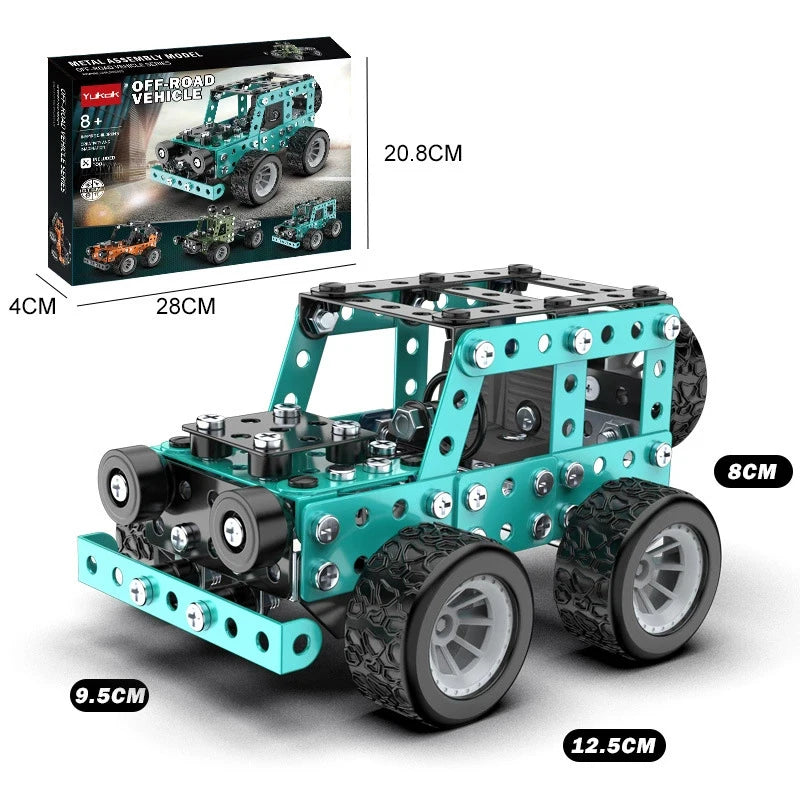 Teal off-road vehicle model with measurements and packaging in the background
