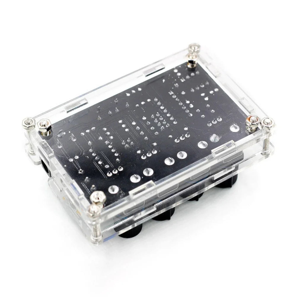 Electronic circuit board in a clear plastic case on a white background