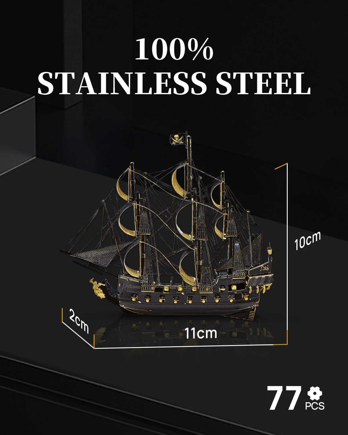 Model ship with dimensions and stainless steel text on a black background