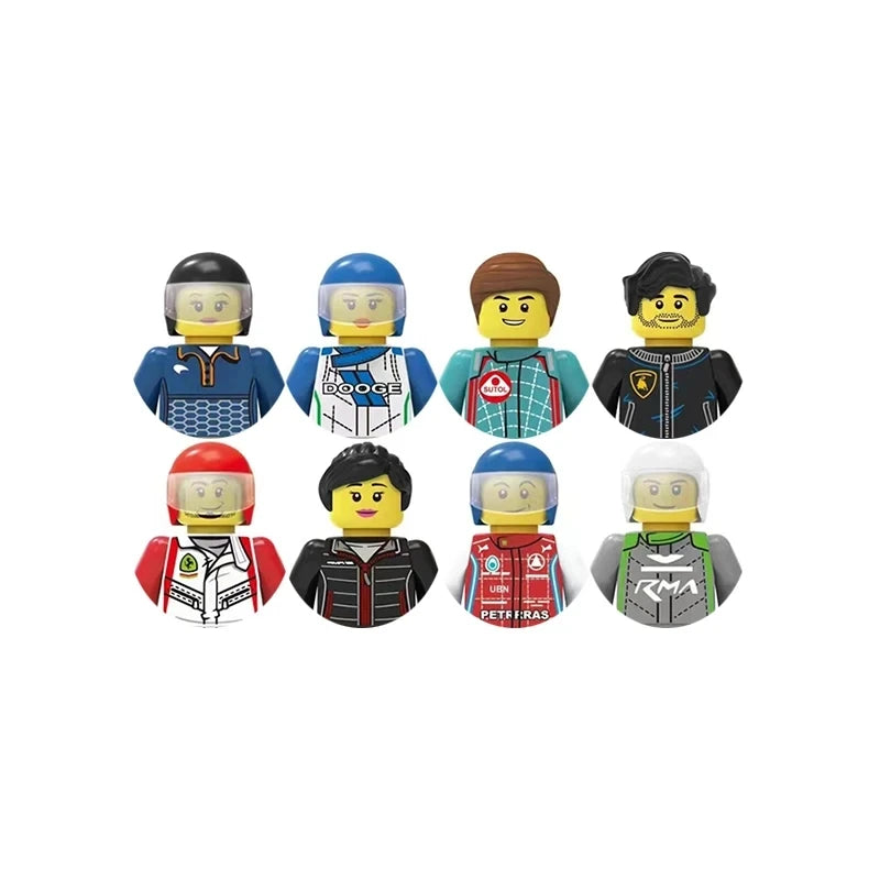 Set of eight minifigures with various outfits on a white background