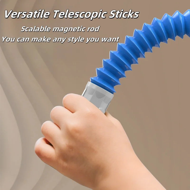 Hand holding a blue telescopic stick with text about its versatility and scalability.