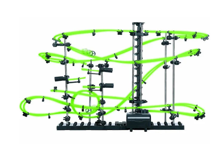 Toy roller coaster track set with green tracks on a white background