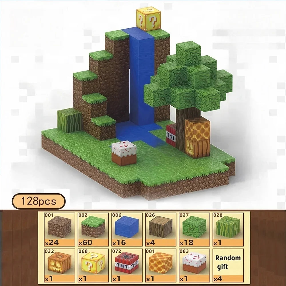 Minecraft-style building set with trees, water, and blocks on a white background