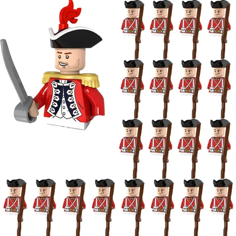 Toy figure of a British soldier with a red uniform and a large sword, surrounded by multiple identical figures on sticks.