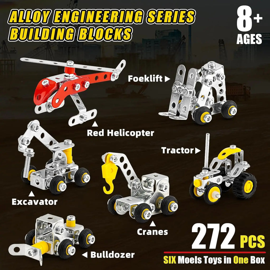 Alloy engineering series building blocks with various models on a dark background