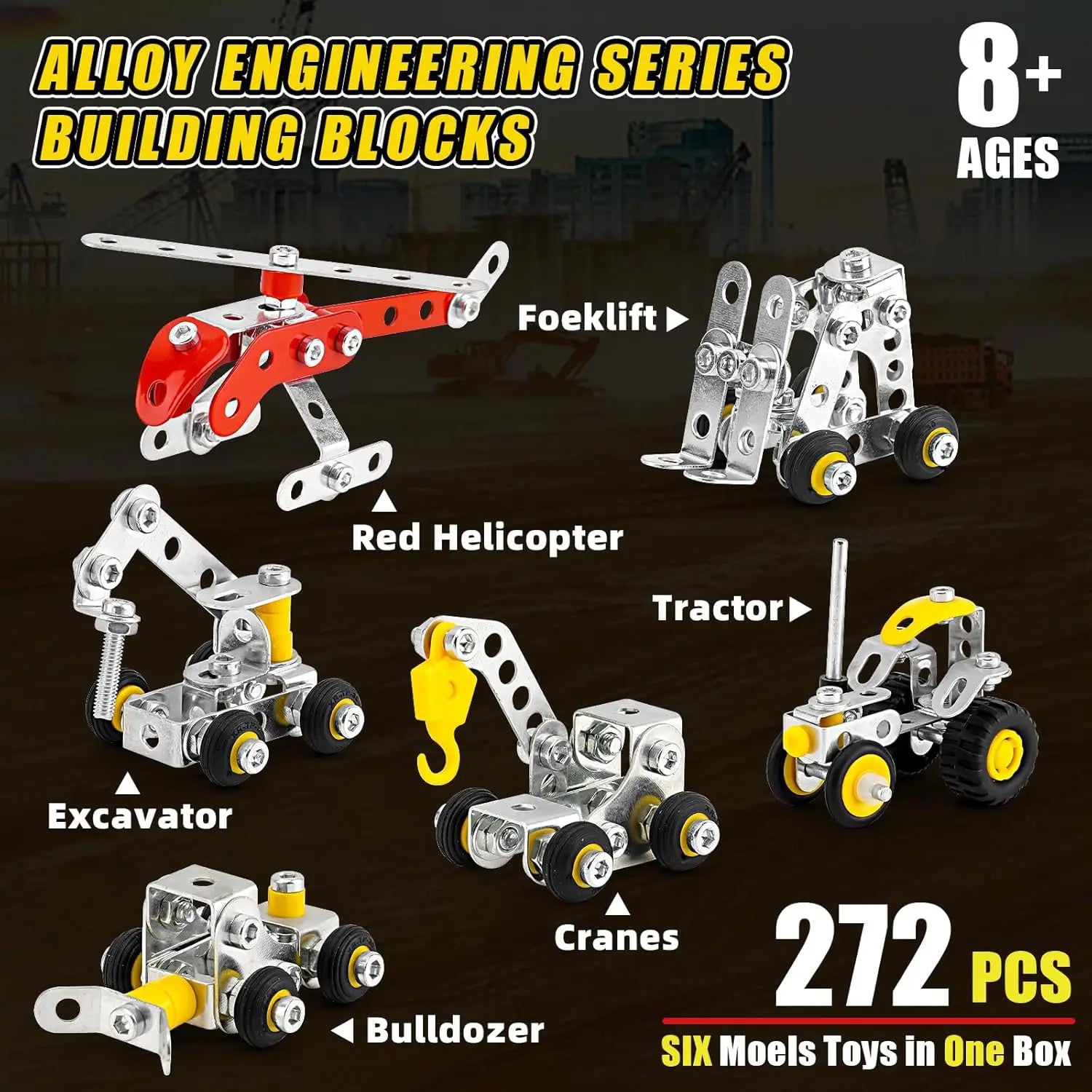 Alloy engineering series building blocks with various models on a dark background