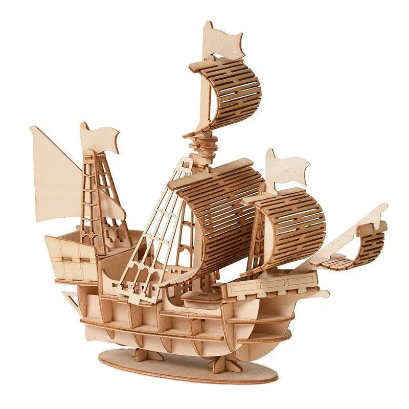 Wooden ship model kit on a white background