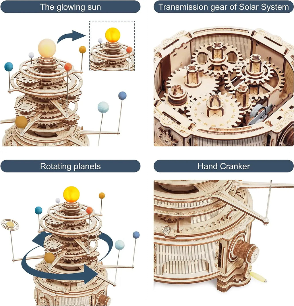 Wooden model of a solar system with gears and planets, labeled 'The glowing sun', 'Transmission gear of Solar System', 'Rotating planets', and 'Hand Crank'.